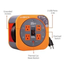 Link2home Durable 25 Ft Extension Cord Reel Orange W/ 3-Power Outlet And 2-Usb Port -Generic Luxor Shop 136732 w DetailedProductView3 Lg
