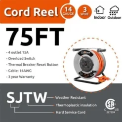 Link2home Durable 75 Ft Extension Cord Reel W/ 4-Outlet And 12 Awg Sjtw Cable -Generic Luxor Shop 136735 w DetailedProductView6 Lg