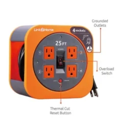 Link2home Durable 25 Ft Extension Cord Reel W/ 4-Power Outlet And 16 Awg Sjt Cable -Generic Luxor Shop 136736 w DetailedProductView3 Lg