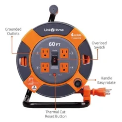 Link2home Durable 60 Ft Heavy-Duty Extension Cord Reel W/ 4-Power Outlet And 14 Awg Cable -Generic Luxor Shop 136738 w DetailedProductView3 Lg