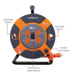 Link2home Durable 80 Ft Extension Cord Reel W/ 4-Power Outlet And 14 Awg Cable -Generic Luxor Shop 136739 w DetailedProductView3 Lg